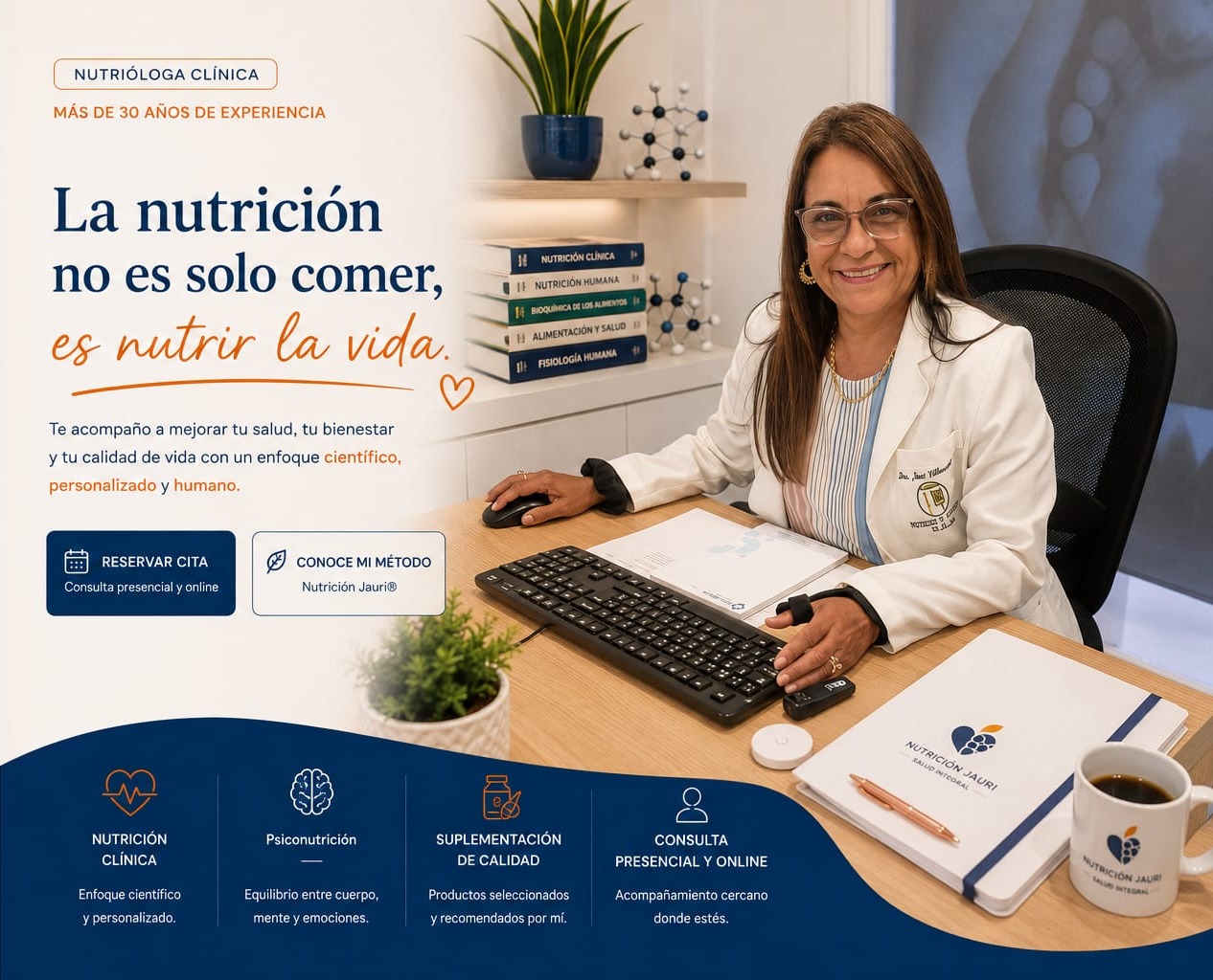 Dra. Jauri Villarroel, nutrióloga clínica con más de 30 años de experiencia: nutrición clínica, psiconutrición, suplementación de calidad y consulta presencial y online